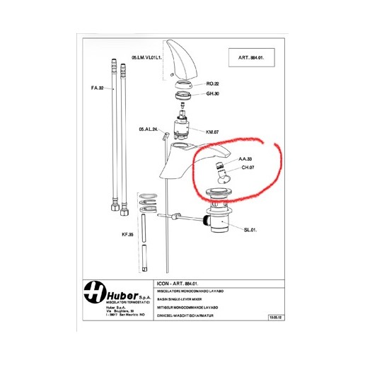 Pi&egrave;ce d&eacute;tach&eacute;e pour mitigeur Lavabo Huber gamme Icon